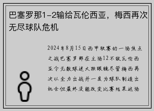 巴塞罗那1-2输给瓦伦西亚，梅西再次无尽球队危机